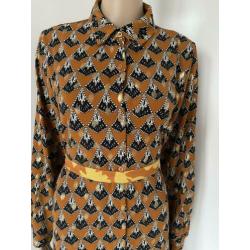 Prachtige vintage midi jurk,Pauw print, bruin, maat L