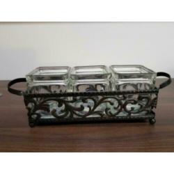 VINTAGE metalen houder met glazen potjes