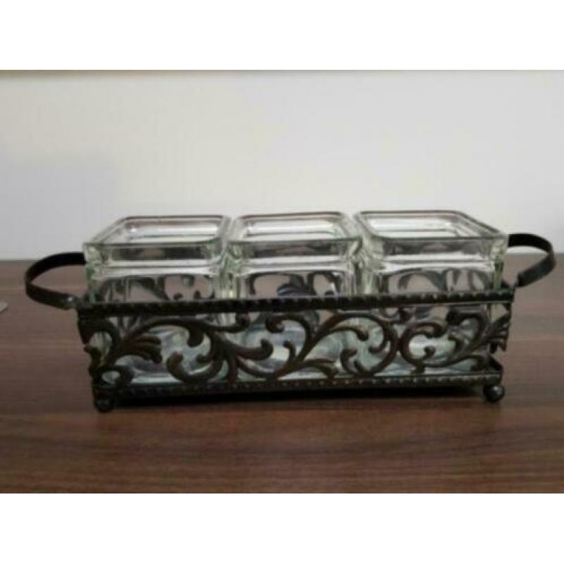 VINTAGE metalen houder met glazen potjes