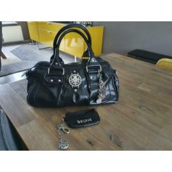 BAGSAC zwarte leren tas met tashanger en mini beurs wallet