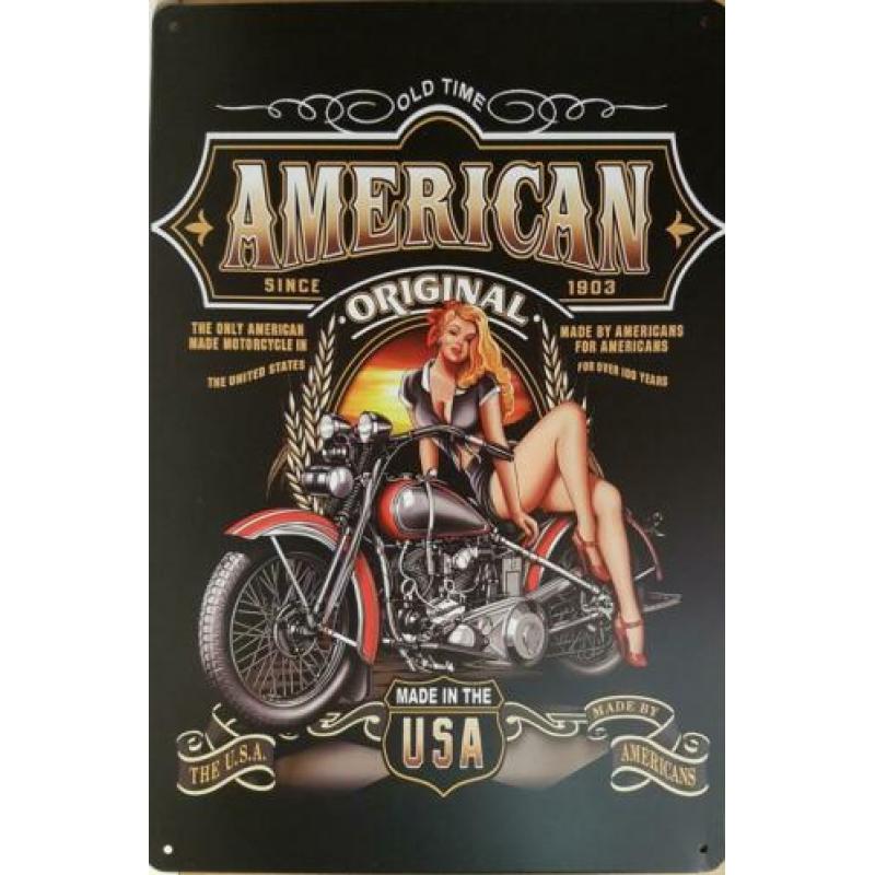Old time american motorcycles pinup reclamebord van metaal