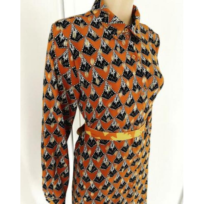 Prachtige vintage midi jurk,Pauw print, bruin, maat L