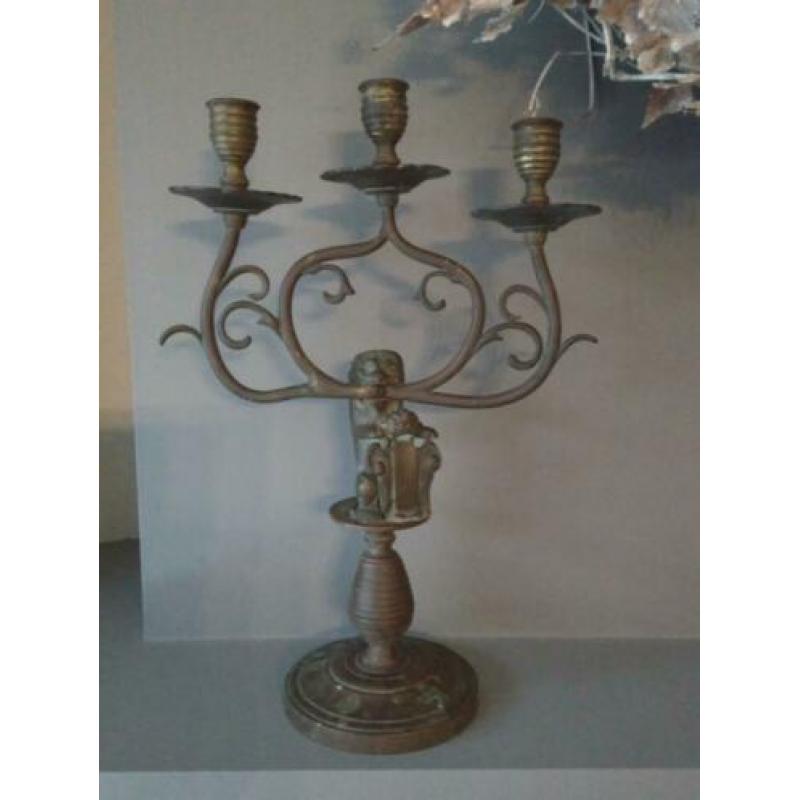 Zware oude brocante koperen kandelaar 3-arms *Etage3*