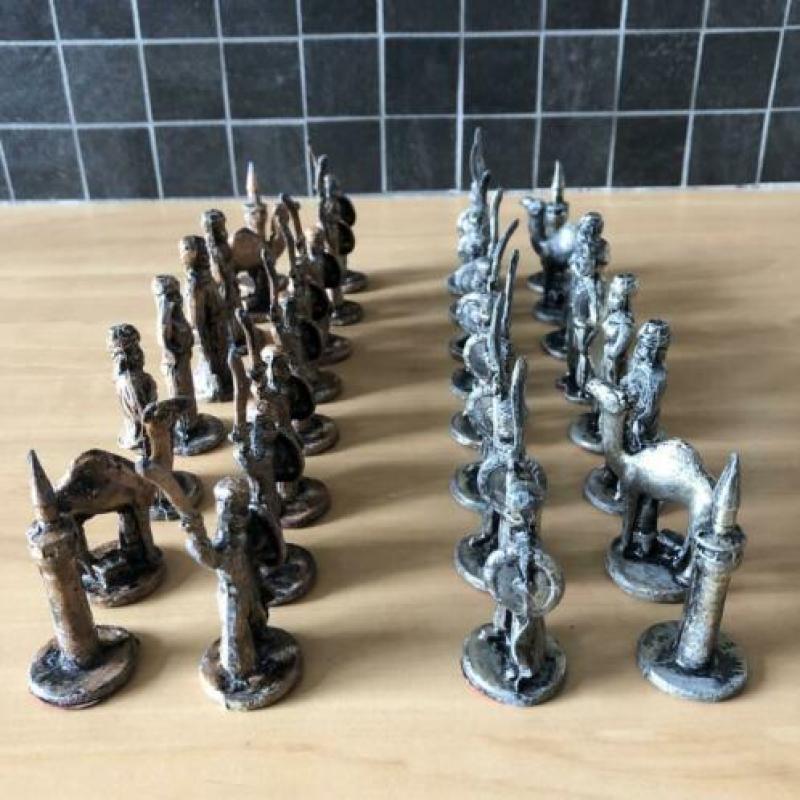 Schaakspel, metaal, tin, vintage, oosters