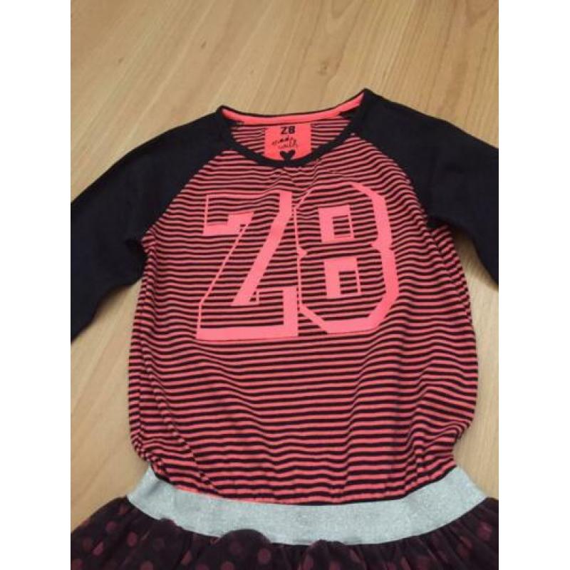 Donkerblauw / roze jurk met tule stippen rok mt 128 - 134 Z8