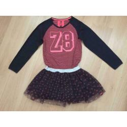 Donkerblauw / roze jurk met tule stippen rok mt 128 - 134 Z8