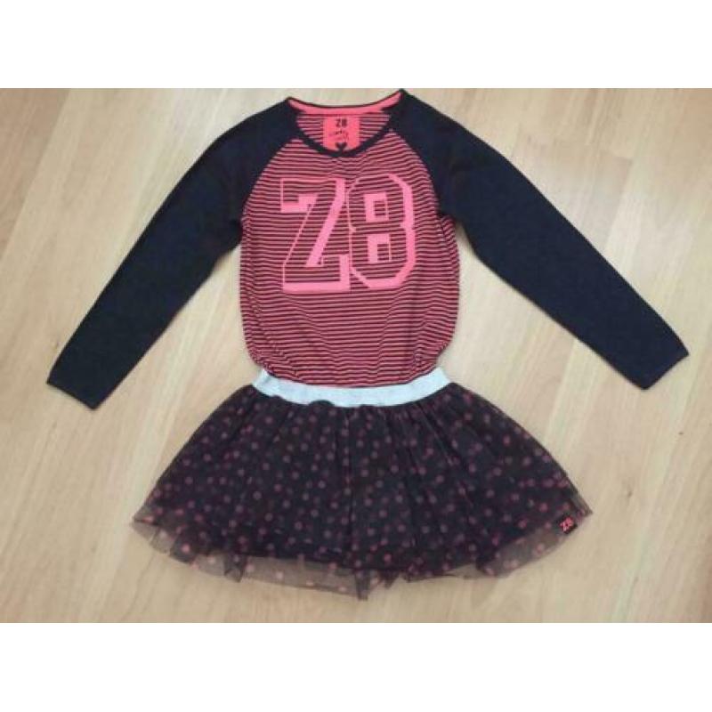 Donkerblauw / roze jurk met tule stippen rok mt 128 - 134 Z8