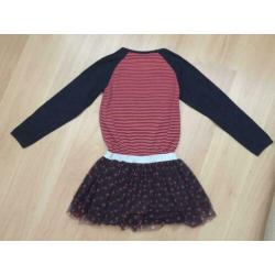 Donkerblauw / roze jurk met tule stippen rok mt 128 - 134 Z8