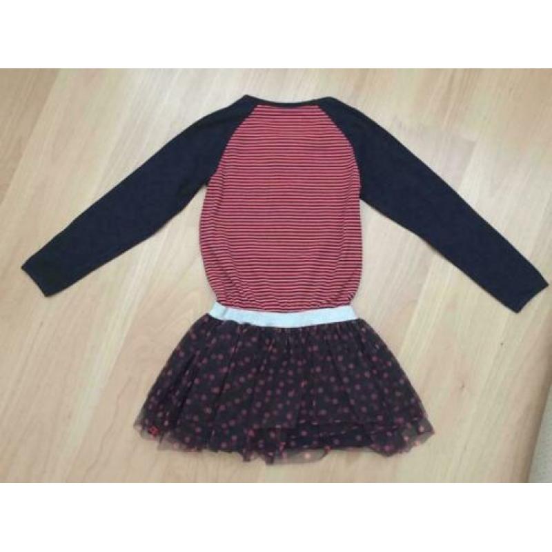 Donkerblauw / roze jurk met tule stippen rok mt 128 - 134 Z8