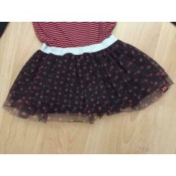 Donkerblauw / roze jurk met tule stippen rok mt 128 - 134 Z8