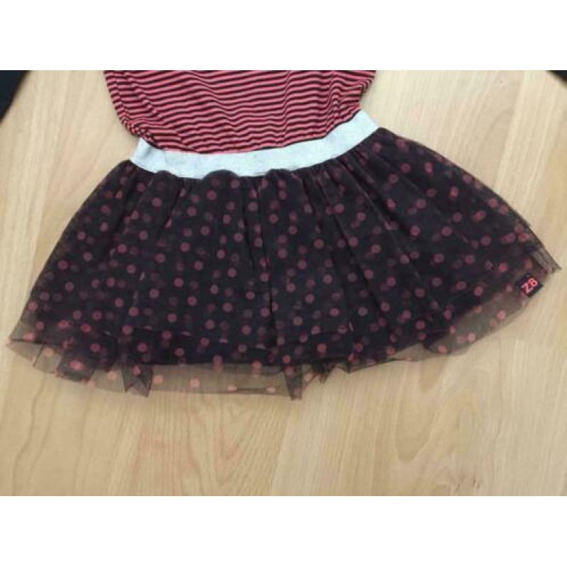 Donkerblauw / roze jurk met tule stippen rok mt 128 - 134 Z8