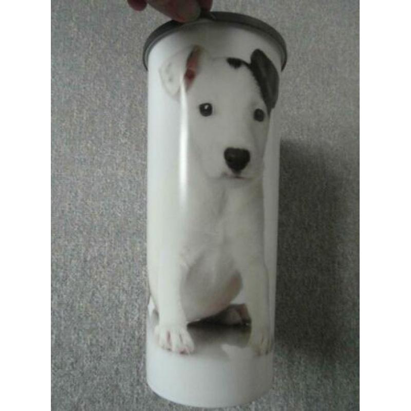 kunststof bewaarbox voor hondenbrokjes, erop Jack Russell??