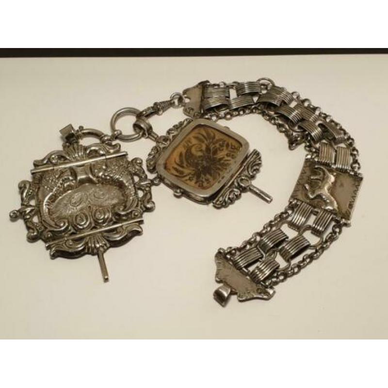 Zilveren chatelaine horloge ketting CA. 1850 antiek nr154