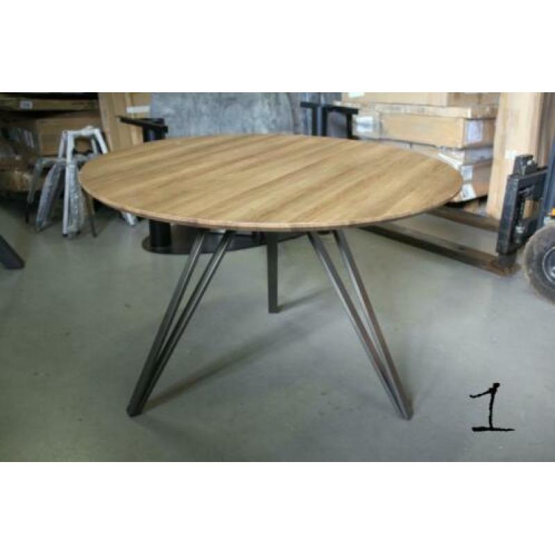 4 x ronde eettafel houtlook metaal 120 cm industrieel