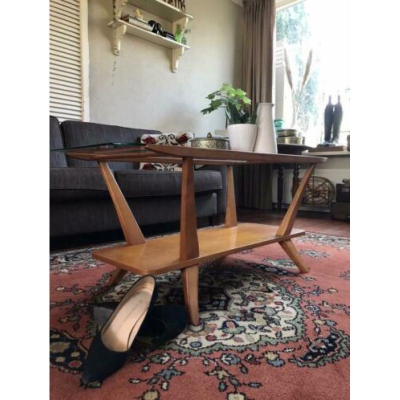 Vintage jaren ‘60 salontafel met glasplaat retro tafel