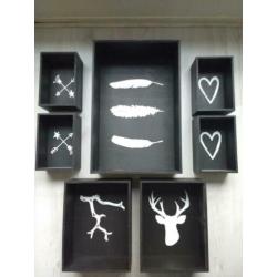 Zwart houten decoratieve opbergkisten (7 stk) - Spotprijs!