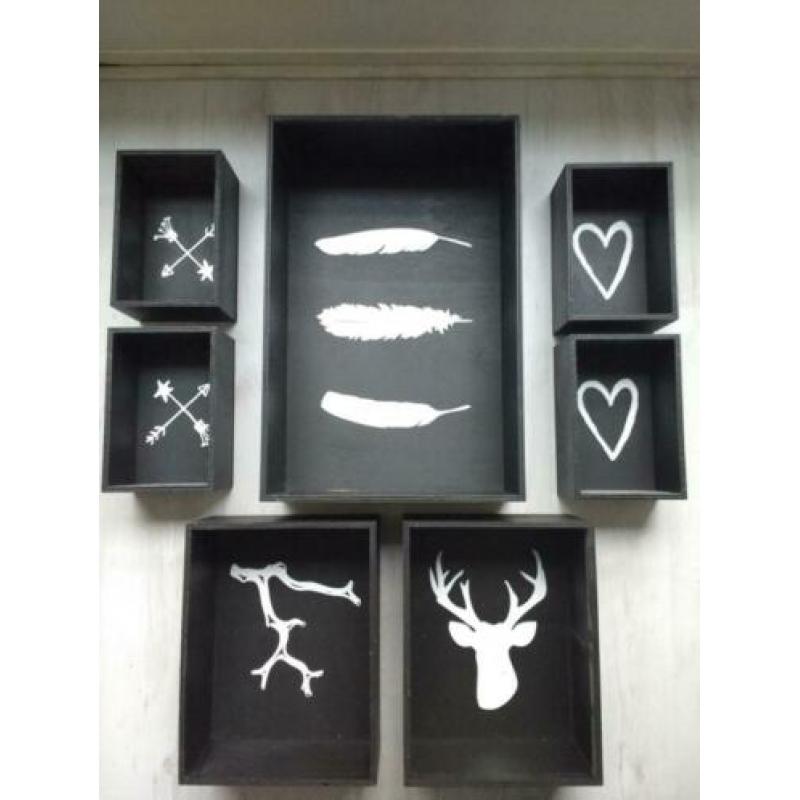 Zwart houten decoratieve opbergkisten (7 stk) - Spotprijs!