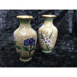 Set Chinees cloisonne vaasjes met blauwe bloemen 19 cm