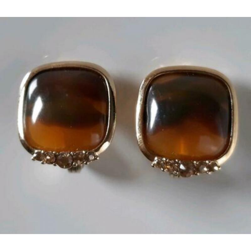 Monet vintage clips oorbellen goudkleurig strass cabochon