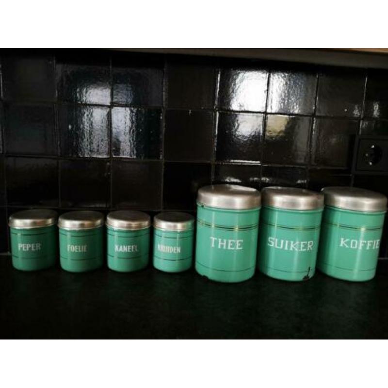 Complete mintgroene emaille bussenset + botervloot