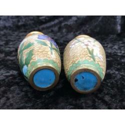 Set Chinees cloisonne vaasjes met blauwe bloemen 19 cm