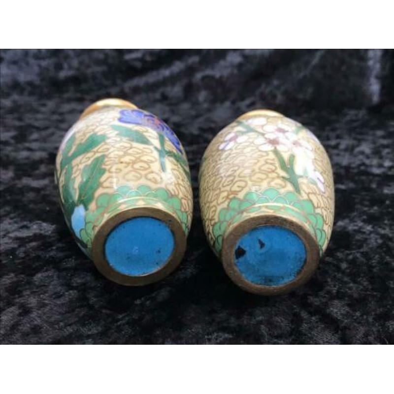 Set Chinees cloisonne vaasjes met blauwe bloemen 19 cm