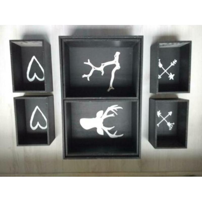 Zwart houten decoratieve opbergkisten (7 stk) - Spotprijs!
