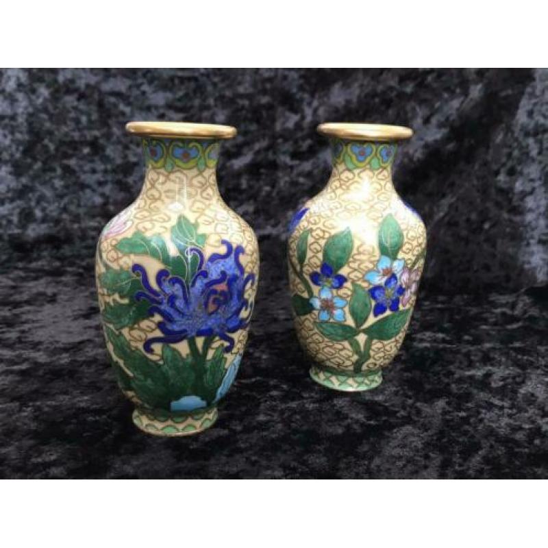 Set Chinees cloisonne vaasjes met blauwe bloemen 19 cm