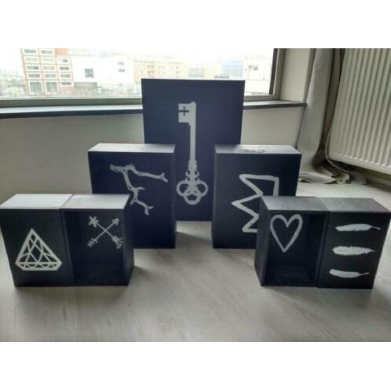 Zwart houten decoratieve opbergkisten (7 stk) - Spotprijs!