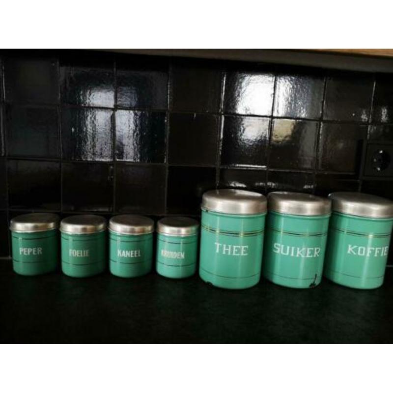 Complete mintgroene emaille bussenset + botervloot