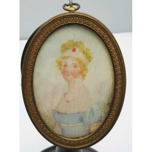 Antiek geschilderd miniatuur portret van een Dame
