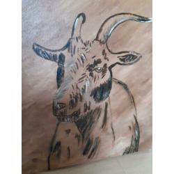 2 schilderijen op doek geit en ezel