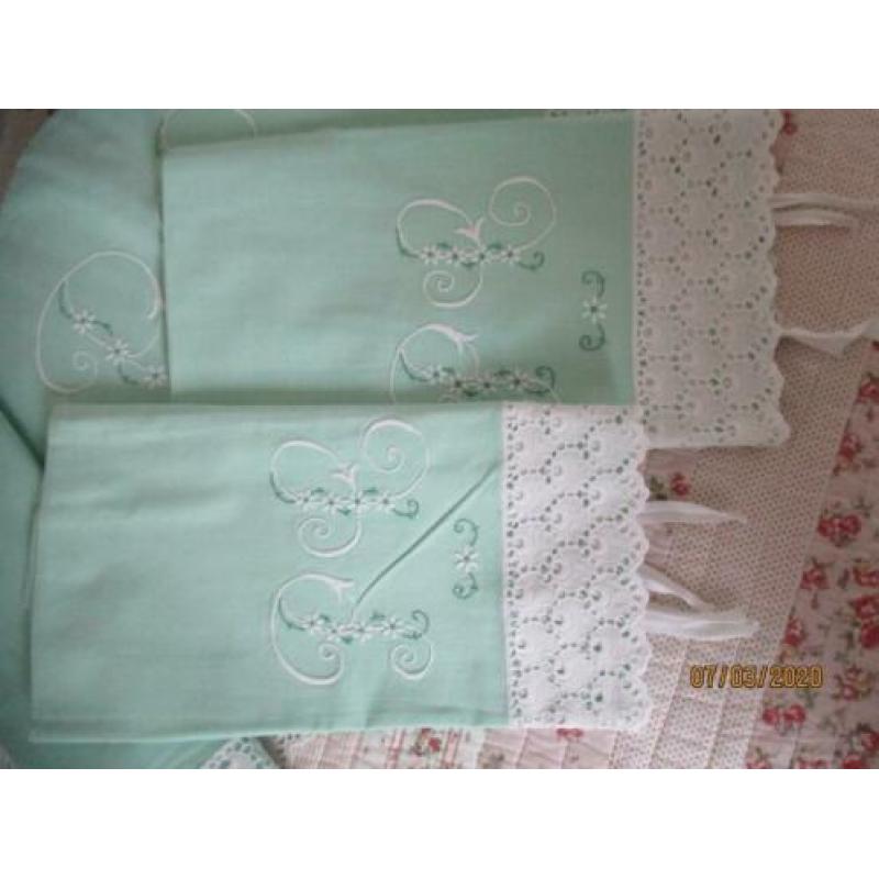Frans 2 Pers Mint Groen/Monogram Laken Set/2 Onderlakers
