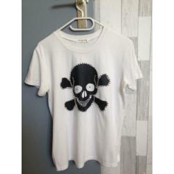 wit+zwart dood-skelet-hoofd+steentje t shirt S heren-jongen