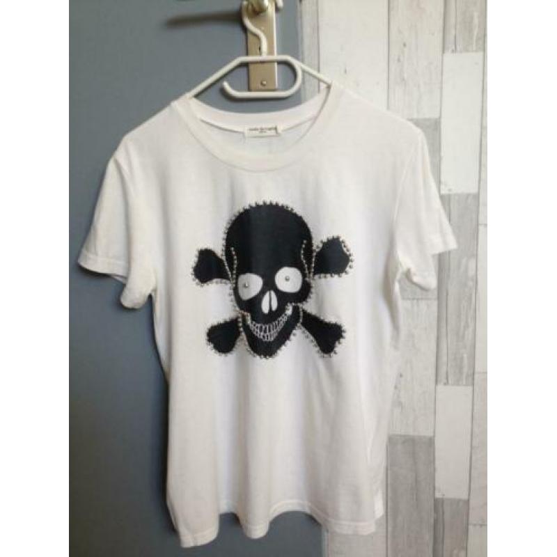 wit+zwart dood-skelet-hoofd+steentje t shirt S heren-jongen