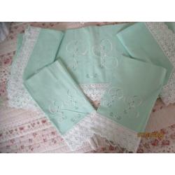 Frans 2 Pers Mint Groen/Monogram Laken Set/2 Onderlakers