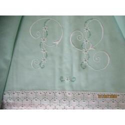 Frans 2 Pers Mint Groen/Monogram Laken Set/2 Onderlakers
