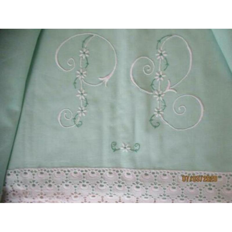 Frans 2 Pers Mint Groen/Monogram Laken Set/2 Onderlakers
