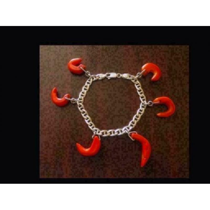 Bijzonder Zilveren Armband met 6 Hangers Bloedkoral!