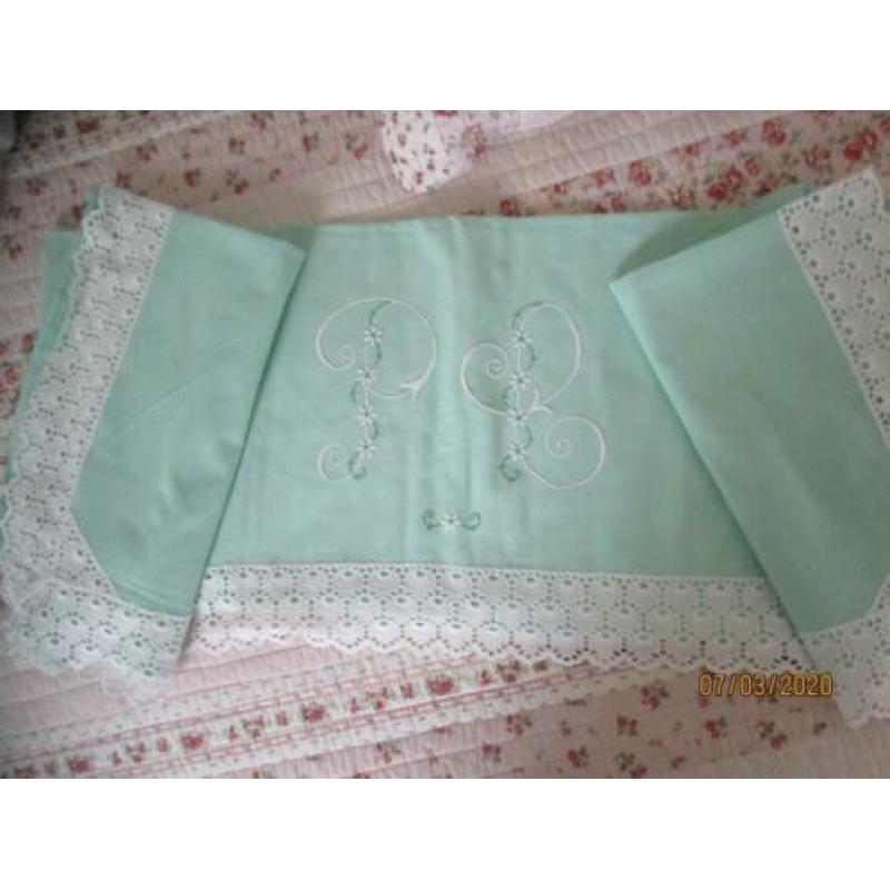 Frans 2 Pers Mint Groen/Monogram Laken Set/2 Onderlakers