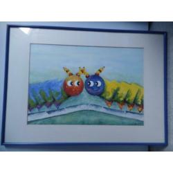 Te koop vrolijk kleurrijk schilderij, aquarel van rupsjes