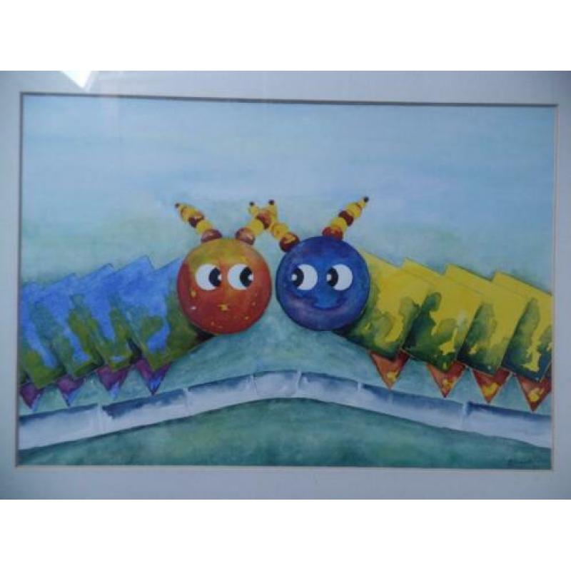 Te koop vrolijk kleurrijk schilderij, aquarel van rupsjes