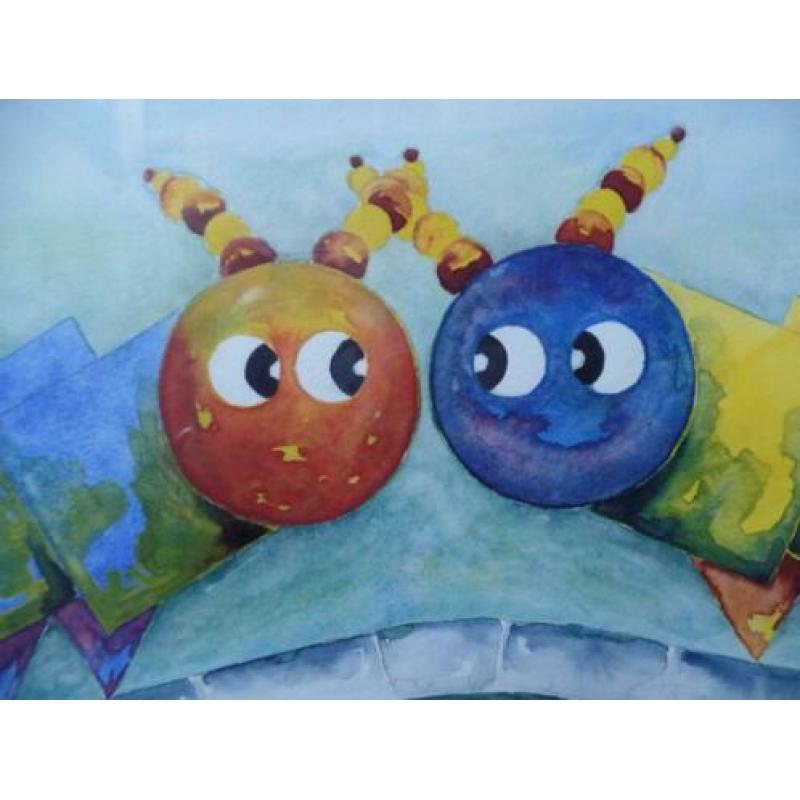Te koop vrolijk kleurrijk schilderij, aquarel van rupsjes