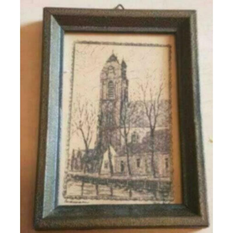 Oude ingekl. gravure Herv. Kerk Oudewater Michaelskerk 1945