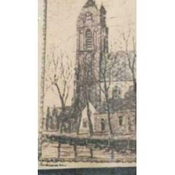 Oude ingekl. gravure Herv. Kerk Oudewater Michaelskerk 1945