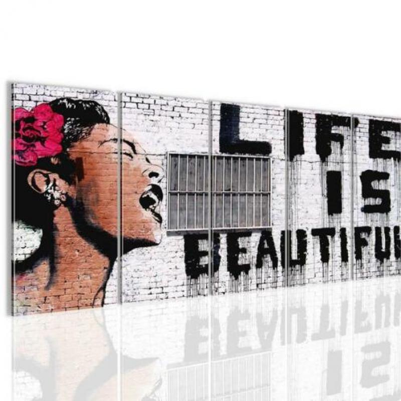Canvas schilderij 5 luik Banksy Life is Beautiful 220 x 80cm
