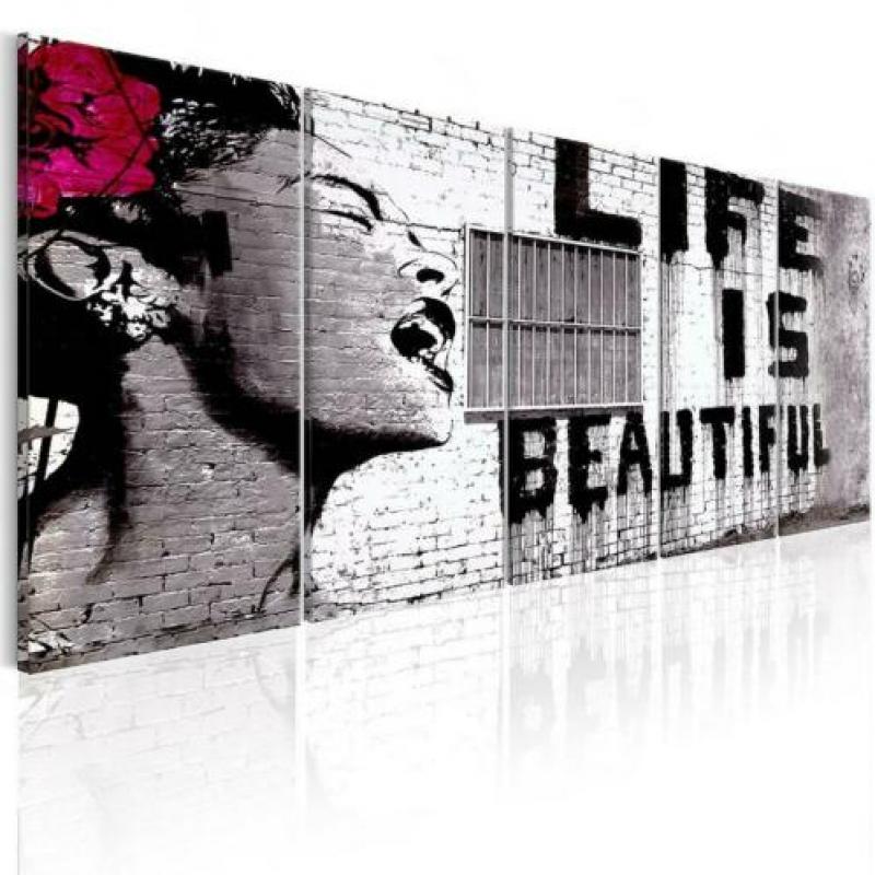 Canvas schilderij 5 luik Banksy Life is Beautiful 220 x 80cm