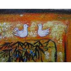 Acryl/doek. Geelong , Jonge dame met vogels.
