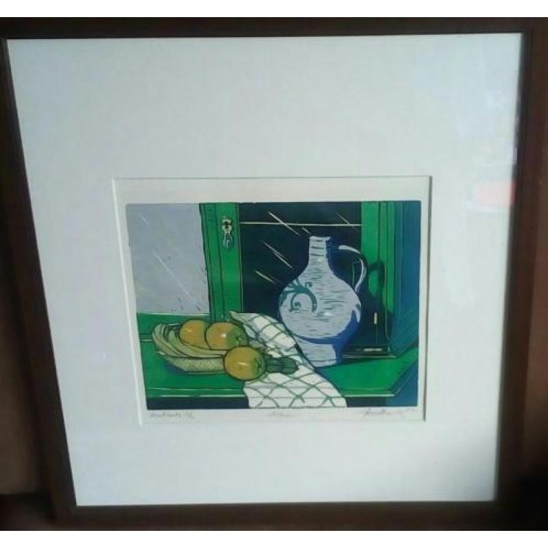 "Stilleven"Prachtige gesigneerde houtsnede gedateerd '90
