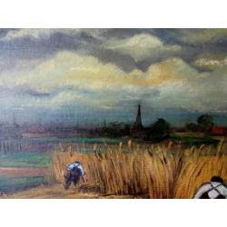 1950 Landschap met koren en boeren met dorp op achtergrond